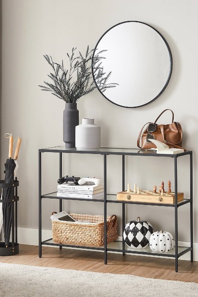 TOLIAHOME Modern 3 Katlı Siyah Renk Metal İskeletli Cam Raflı Dresuar Konsol