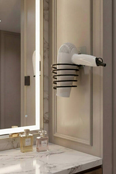 Sas Haus حامل مجفف الشعر المعدني اللاصق باللون الأسود - منظم جدار الحمام MS-012