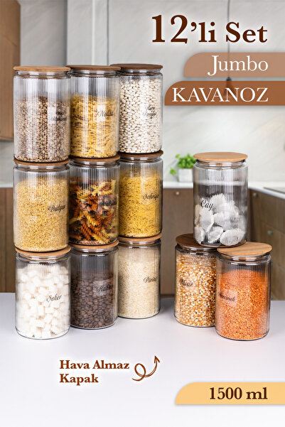 naturelove 12'li Etiketli Cam Kavanoz Seti Büyük Bambu Vakum Kapak Çizgili Erzak Un Bakliyat Saklama Kabı 1,5Lt