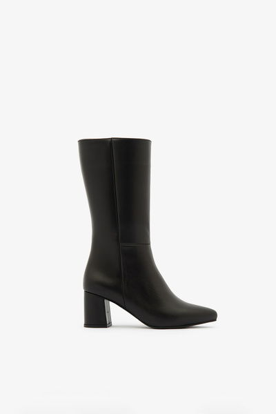SAYL Siyah Hakiki Deri Yandan Fermuarlı Topuklu Kısa Kadın Çizme