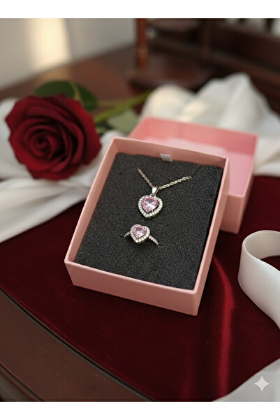 NAS fashion Kadın Kalpli Pembe Taş Detaylı Kutulu Kolye Ve Yüzük Takı Seti Se...
