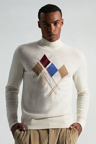 Hemington Lambswool Yün Argyle Desenli Yarım Balıkçı Yaka Ekru Kazak