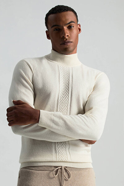 Hemington Kaşmir-İpek-Yün Karışım Yarım Balıkçı Yaka Ekru Kazak