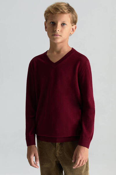 Hemington V Yaka Merino Yün Bordo Çocuk Triko
