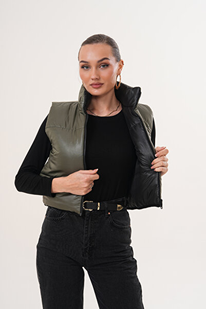 Varyete Women's Double-Sided Wearable Zippered Sleeveless Puffer Crop Coat Vest with Pockets