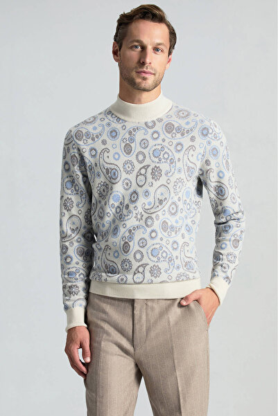 Hemington Saf Kaşmir Paisley Desen Lupetto Yaka Ekru Kazak