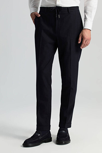 Hemington Saf Yün Bağcık Detaylı Lacivert Chino Jogger Pantolon