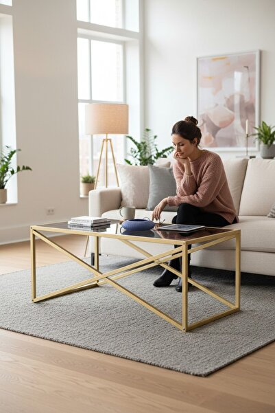 TOLIAHOME Modern Gold Renk Metal İskeletli Füme Temper Camlı Dikdörtgen Orta ...