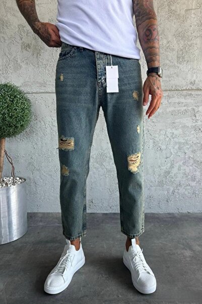 MADZEYMODA Țesătură denim Boyfriend Fit Blue Ripped Detaliat Pantaloni blugi pentru bărbați Mz598