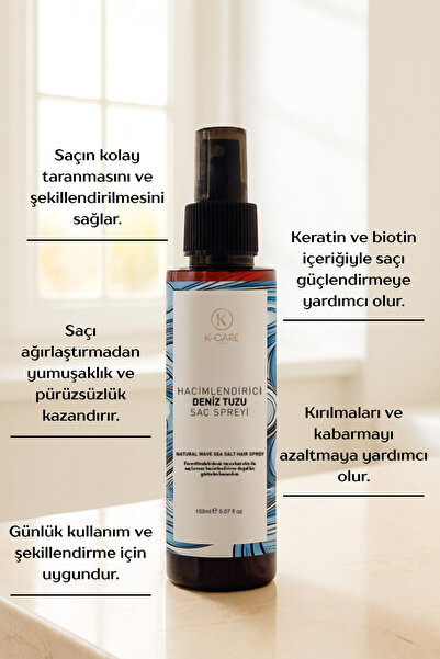 K K-CARE Cosmetics Deniz Tuzu Saç Spreyi - Doğal Dalga Sağlayan ve Hacim Veren Saç Spreyi 150 ml