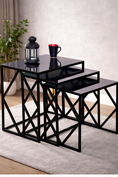 Mobievim Venice Siyah Metal Ayaklı Füme Aynalı 3'lü Zigon Sehpa Seti - Modern...