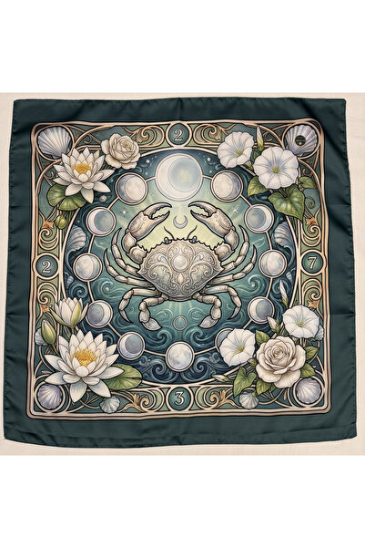 Time in a Tin Yengeç Burcuna Özel İpeksi Saten Tasarım Fular