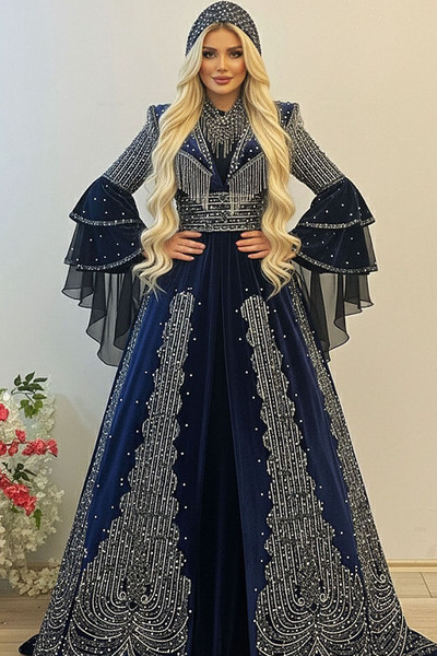 ZK ZÜMRÜT KAFTAN Tesettür Bindallı Kaftan Kadife Gelin Kına Gecesi Elbisesi Bindallı Tacı, Kemer, Kolye, Tarlatan Set