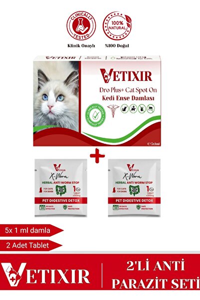 VETIXIR 2'li Set Kedi Bitkisel İç Dış Anti Parazit Ense Bitkisel Damla Seti - 5 Damla 2 Tablet