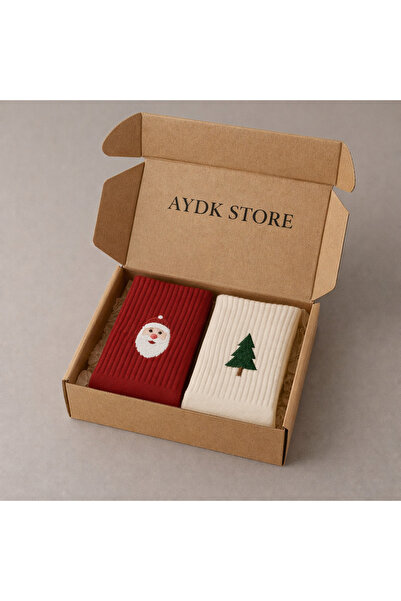 AYDK Yılbaşı Hediyesi Özel Kutulu 2'li Kolej Çorap - Kadın Erkek Uyumlu Noel Baba ve Ağaç Desenli Set