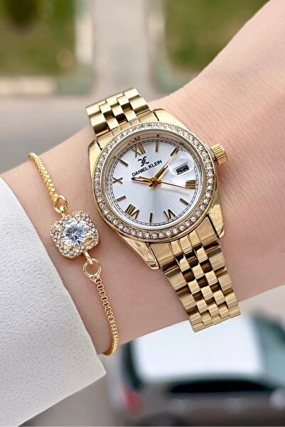 Daniel Klein Gold Renk Hediye Paketli Kadın Kol Saati ve Hediye Baget Bileklik