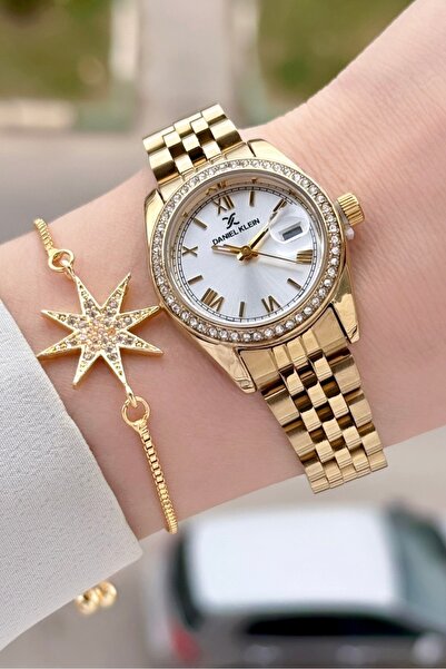 Daniel Klein Gold Renk 28 mm Kristal Cam Kadın Kol Saati ve Bileklik
