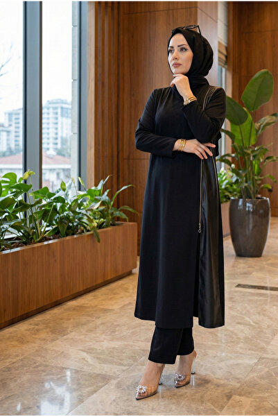 modamira Kadın Siyah Pamuklu Deri ve Fermuar Detaylı Tarz Davet Tasarım Tunik...