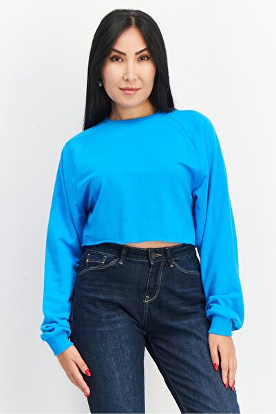 Don't Call Me Jennyfer Women Round Neck Long Sleeve Solid Crop Top, Sky Blue