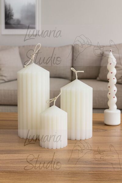 Lumaria Studio 3’lü Oluklu Silindir Dekoratif Mum Seti (Büyük-Orta-Küçük)BÜYÜ...