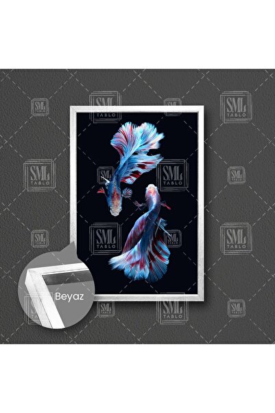 SML TABLO Bordo Mavi Beta Balığı Deniz Akvaryum Dekor Çerçeveli Dikey Kanvas ...