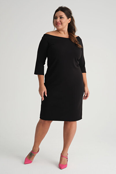 Madwilo Kadın Siyah Kayık Yaka Truvakar Kol Büyük Beden Esnek Krep Elbise