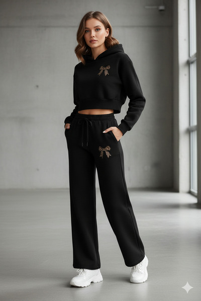 Bozz&Bozz Collection Women's Leopard Bow Printed Tracksuit Set Hoodie Crop Sw...