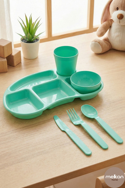 Melkan Home 5 Bölmeli Kahvaltılık Tabildot Kase Bardak Çatal Bıçak Kaşık Set Pastel Yeşil Tabldot Seti 6 Parça