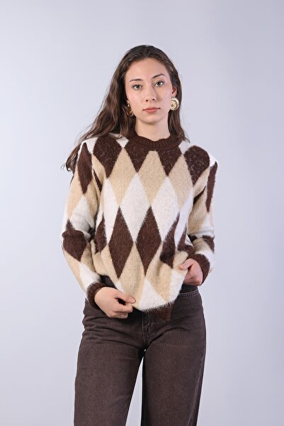 Mckanzie 1630 Crew Neck Diamond Patterned Colorful Blouse