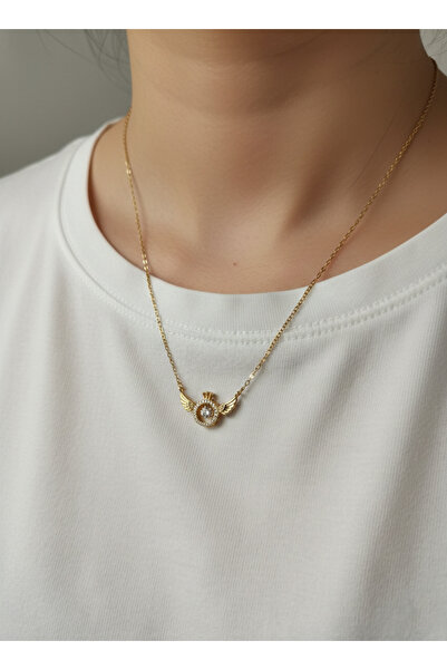 Stilly Kararmaz Çelik Altın Kaplama Melek Motifli-Elmas Taşlı Kolye