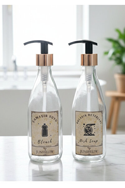 JUIWI 2li Set Vintage Gold Boş Cam Şişe Bulaşık Deterjanlık Çamaşır Suyu 2x330ml