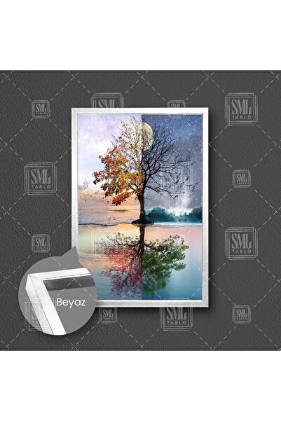 SML TABLO Sahildeki Ağaç 4 Mevsim İlk Bahar Yaz Sonbahar Kış Çerçeveli Dikey ...