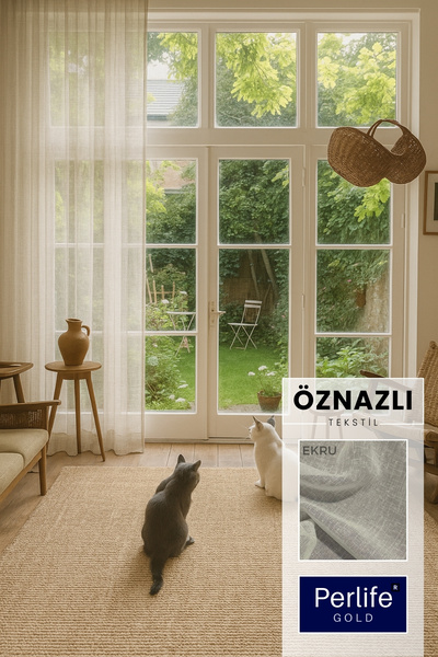 Perlife Gold ® Keten Tül Perde Sık Pile Düz Modern Şık Salon ve Oturma Odası ...