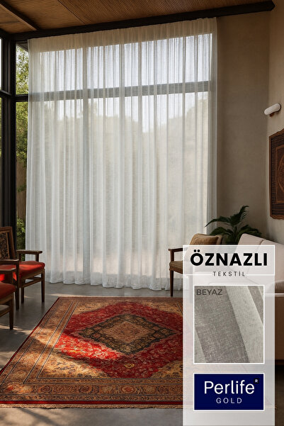 Perlife Gold ® Keten Tül Perde Sık Pile Düz Modern Şık Salon ve Oturma Odası ...