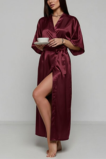 ZENCHES Halat lung de damă, roșu claret, cu curea din satin - elegant și conf...