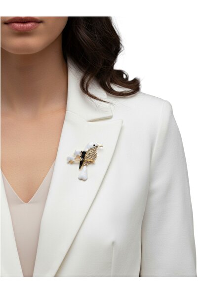 MODAMİRA AKSESUAR Işıltılı Gold Detaylı Zarif Kuş Broş - Siyah ve Beyaz