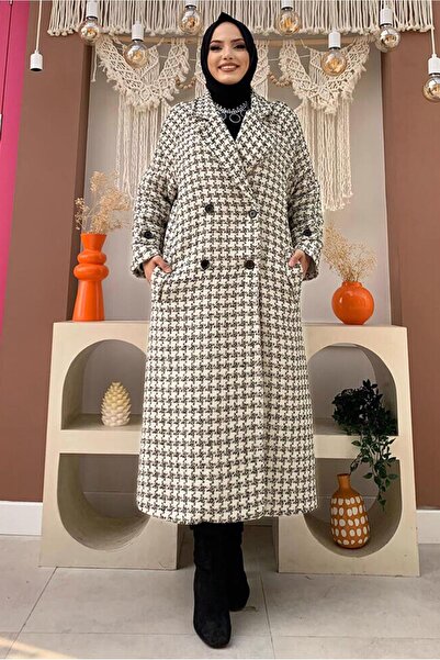 TRENDTESETTÜR KADIN BEJ (TAŞ) DESENLİ CEPLİ KABAN T 1177