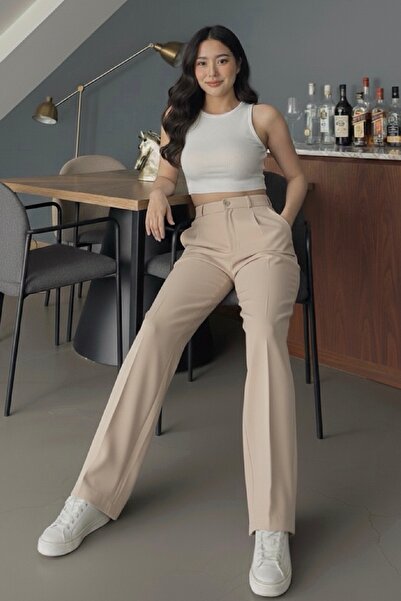 meyou bags Kadın Bej Yüksek Bel Likralı Palazzo Pantolon Orjinal Kesim