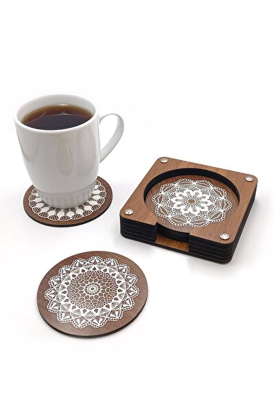 Artikel Lace Patterned Printed Wooden Coasters 6 Pieces, Office and Desk Acce...