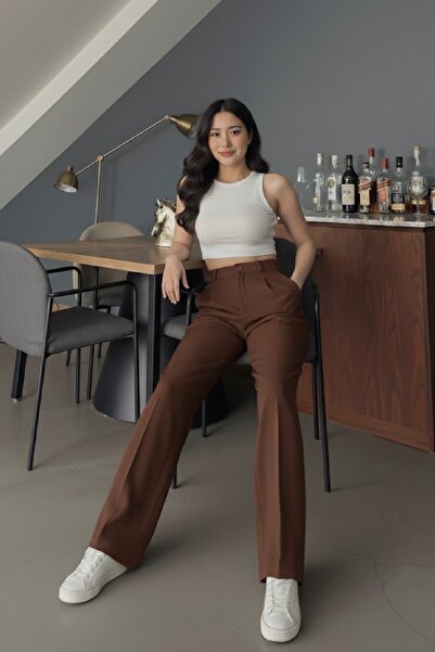 meyou bags Kadın Kahverengi Yüksek Bel Likralı Palazzo Pantolon Orjinal Kesim