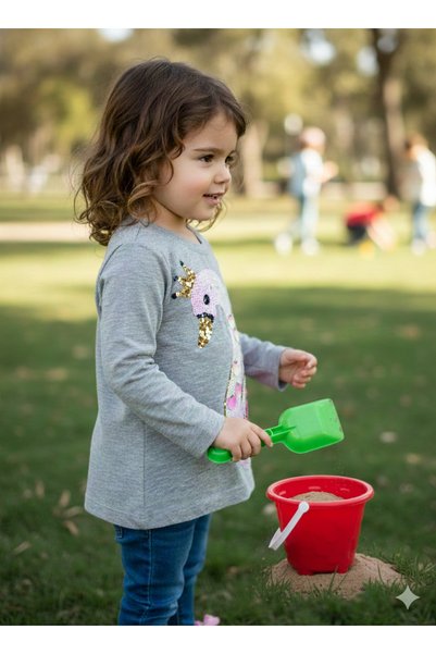 fancykidsantalya Kız Çocuk Gri Kuğu Desenli Pullu Sweatshirt – Yumuşak Mevsimlik Rahat Kalıp
