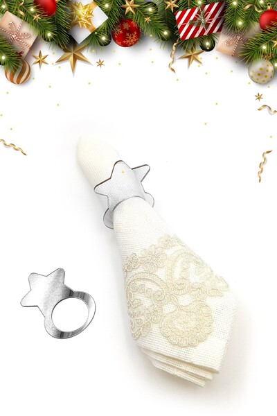 AYG 6 قطع منقوشة على شكل نجمة فضية، خاتم منديل مزخرف للعام الجديد، إكسسوار طا...