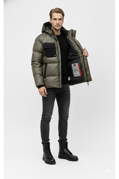 DYNAMO Erkek Haki Çıkarılabilir Kapüşonlu Parlak Şişme Spor Mont