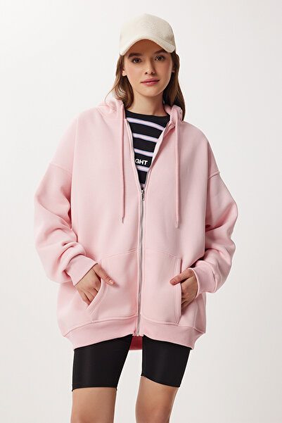 Lovelyİstanbul Kapüşonlu Fermuarlı Oversize Sweatshirt ŞEKER PEMBE LUB0002