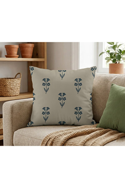 Etnik Dekor غطاء وسادة مطبوع رقميًا باللون الأزرق الصغير على شكل زهرة