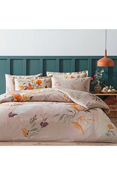 Linens طقم غطاء لحاف مزدوج من قماش الساتان القطني من لينا، لون بيج