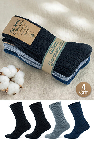 Go With 4'lü Kadın Erkek Renkli Bio Naturel %100 Doğal Pamuklu Ribana Örgü Di...