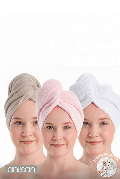 Anılsan %100 Pamuk Bej-Pudra-Beyaz Havlu Bone Saç Kurutma Bonesi Kafa Havlusu...