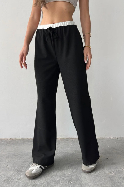 LA PANTE Women's Trousers Stretch Fabric Loose Wide Leg Lace-Up Black Pants