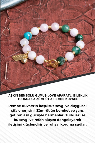Saff Doğal Taş Symbol of Love Silver Love Apparatus Bracelet Turquoise & Emer...